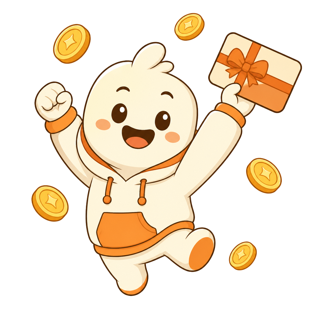 Mascot celebrating with a gift card